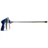 A metallic spray gun with a blue handle and a long silver barrel.