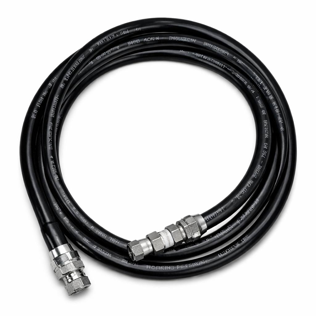 Black high-pressure hose with metal fittings on both ends, designed for fluid transfer applications.