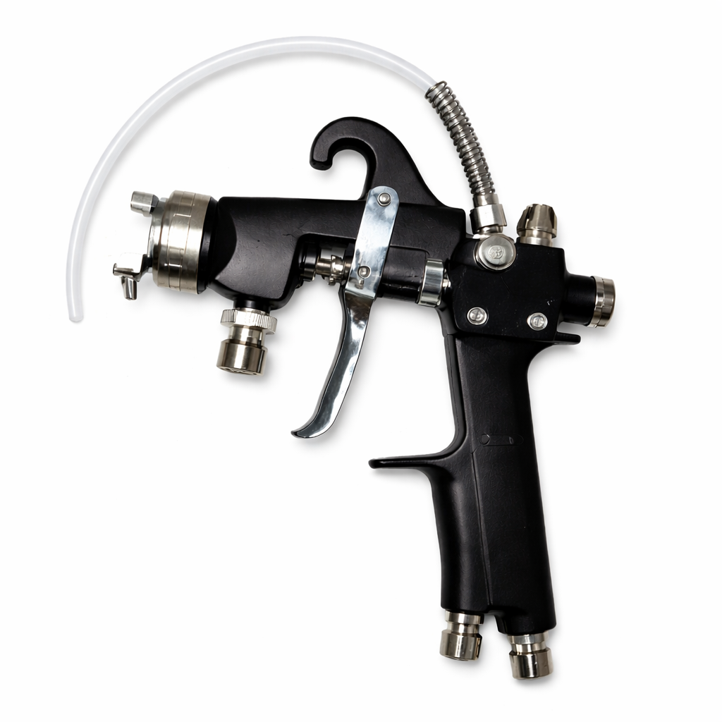Black spray gun with a metal nozzle and flexible hose attachment for adhesive applications.