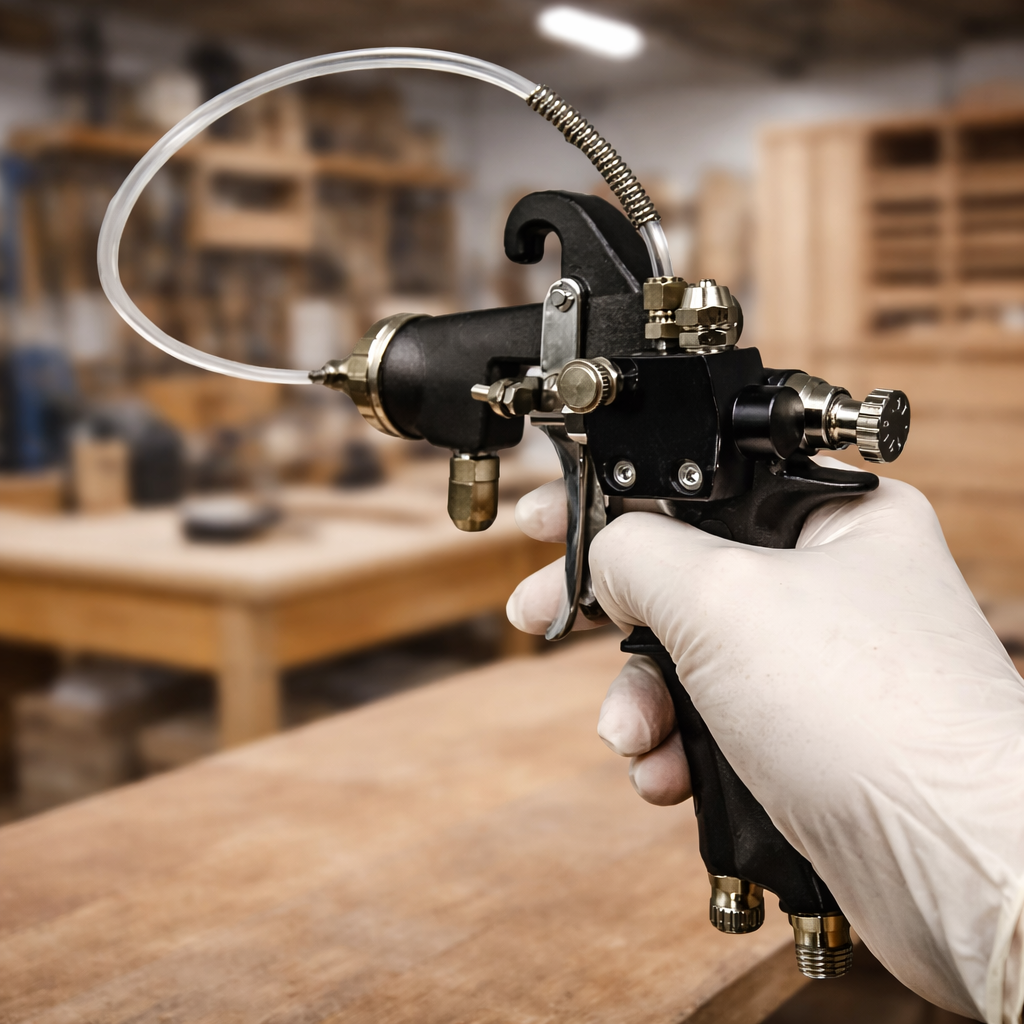 Hand holding a spray gun with a flexible hose in a workshop setting.