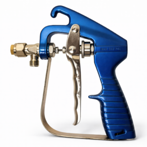 Blue spray gun with a metal trigger and brass fittings, designed for high-pressure applications.