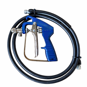 Blue spray gun with a metal trigger and black hose attached for adhesive applications.