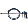 Blue and metallic spray gun with a coiled black and blue hose.