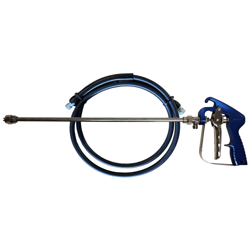 Blue and metallic spray gun with a coiled black and blue hose.