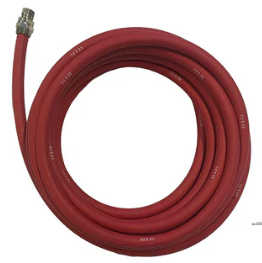Red air hose coiled with a metal fitting at one end, designed for air compression applications.
