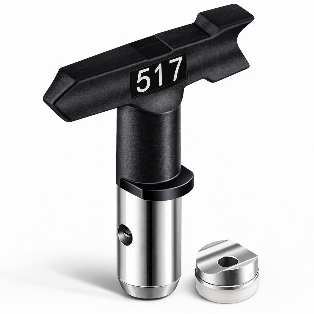 Black and silver 517 spray tip designed for use with spray guns, featuring a distinct shape and numbering.