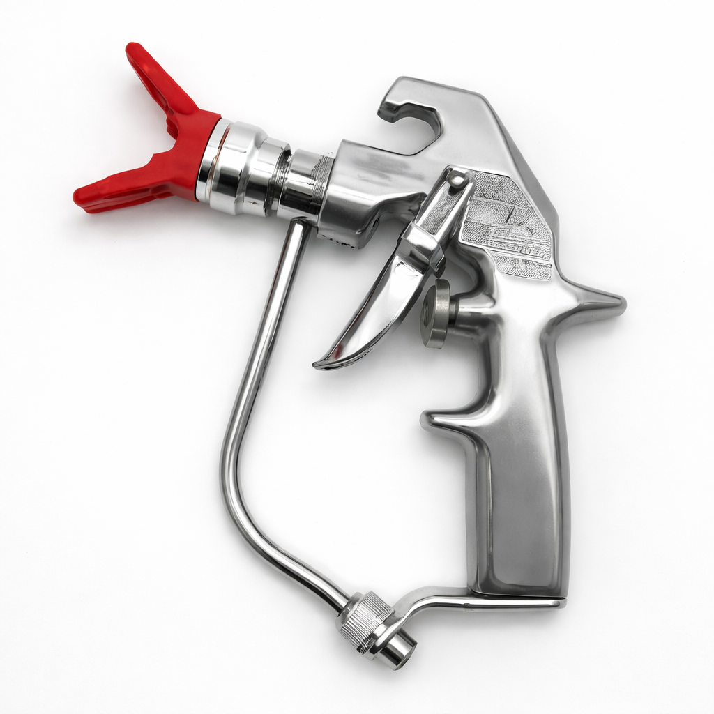 Airless spray gun with a metallic finish and a red trigger for paint application.