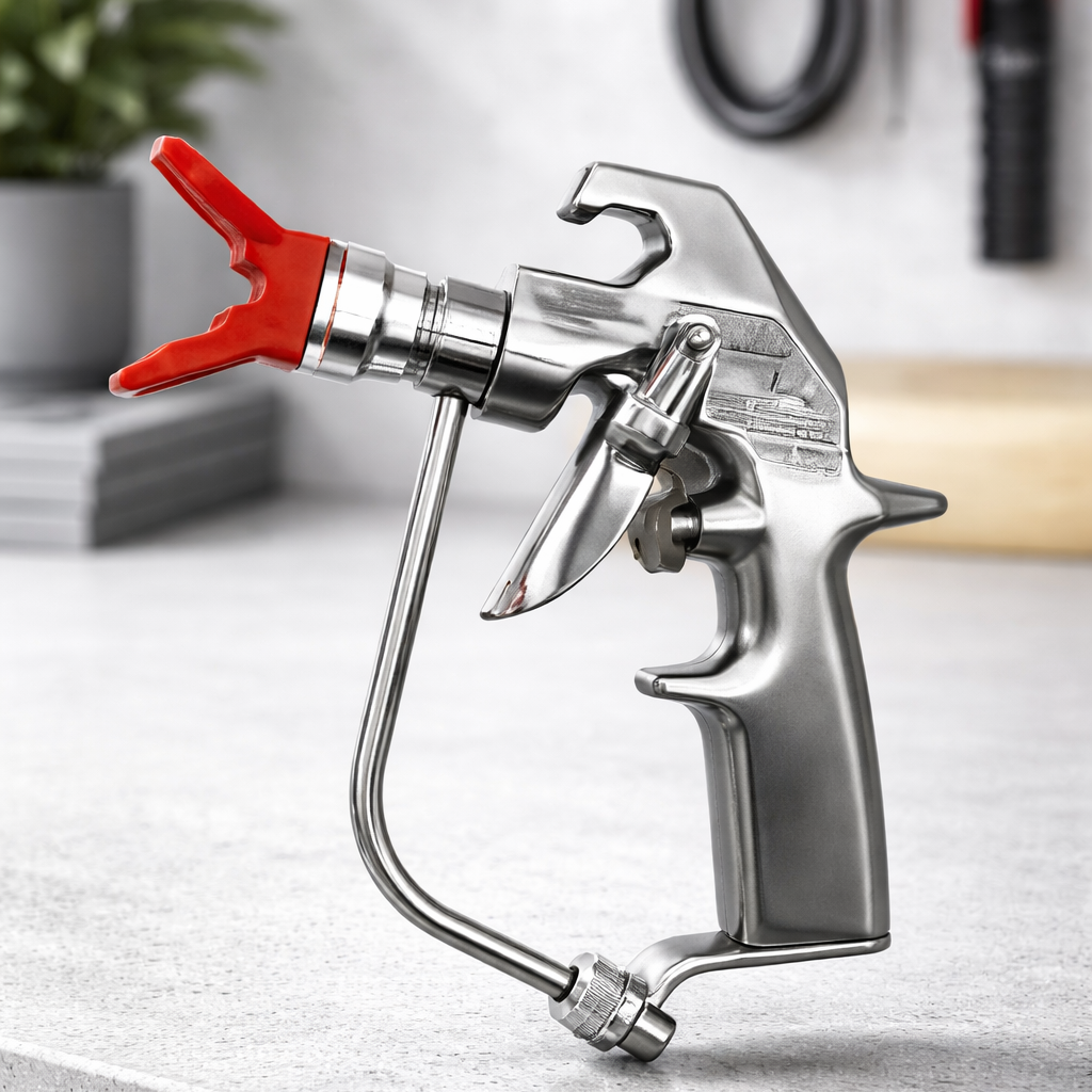 Airless spray gun featuring a metallic body and a red trigger mechanism for paint application.