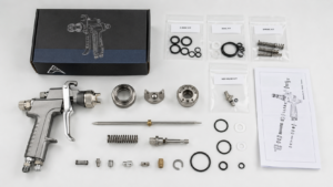 Spray gun repair kit flat lay