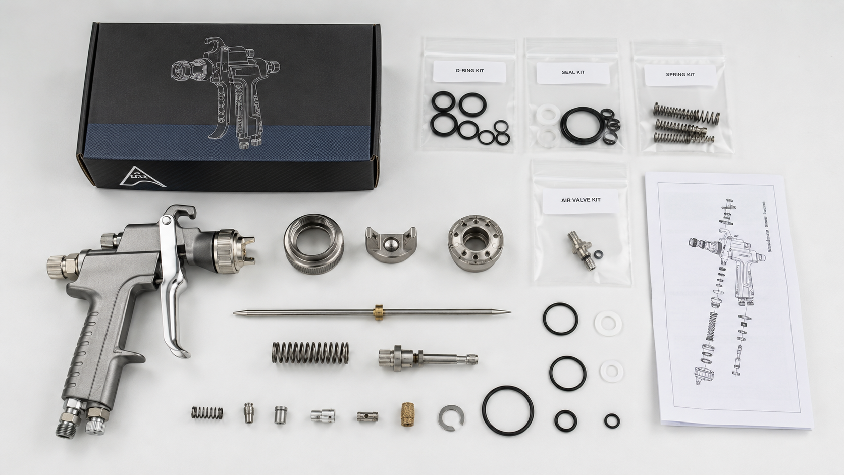 Spray gun repair kit flat lay